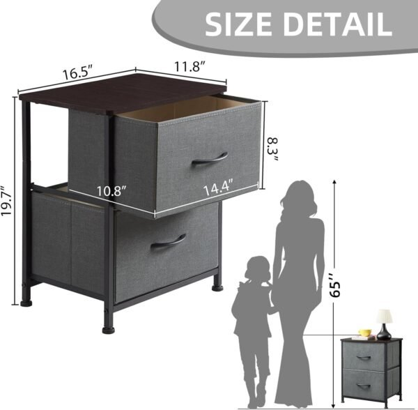 Somdot Nightstand with 2 Drawers, Bedside Table Small Dresser with Removable Fabric Bins for Bedroom Nursery Closet Living Room - Sturdy Steel Frame, Wood Top, Pull Handle - Charcoal Grey - Image 3
