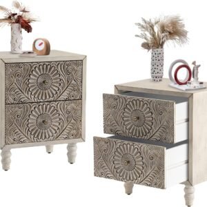 COSIEST 2 Pieces Nightstand, 14″ D x 18″ W x 21.5″ H MDF End Table with 2 Drawers, Vintage Style Wood Bedside Table, Bedroom Accessories for Home, Office, College Dorm