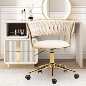 Swivel Chair with Golden Base,Modern Home Office Desk Chairs with Tufted Back Velvet Comfy Desk Chair Task Chair for College Dorm Living Room Bedroom,Vanity Chair with Wheels Modern Chair for Desk