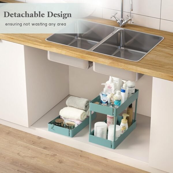 danpinera Storage Cart on Wheels, 3 Tier Bathroom Cart Organizer Slim Laundry Cart Narrow Shelf Cart with Wheels Dividers Hanging Cups Hooks Handle Easy Assembly, Green - Image 5
