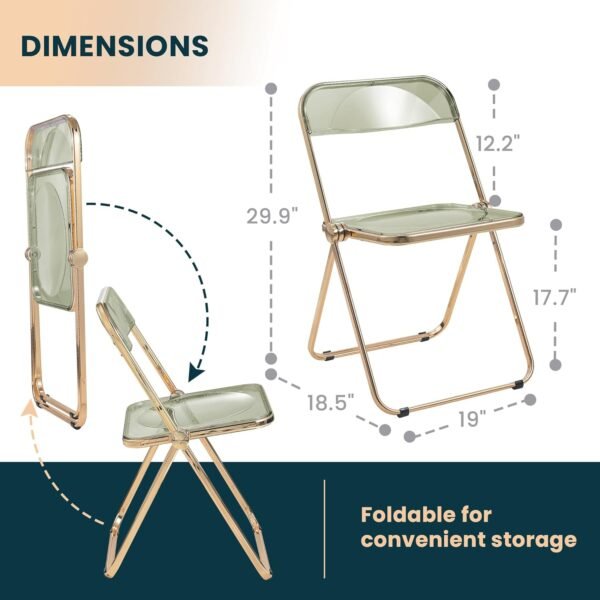 LeisureMod Lawrence Modern Transparent Acrylic Folding Chair with Gold Metal Frame Set of 2 (Amber) - Image 6