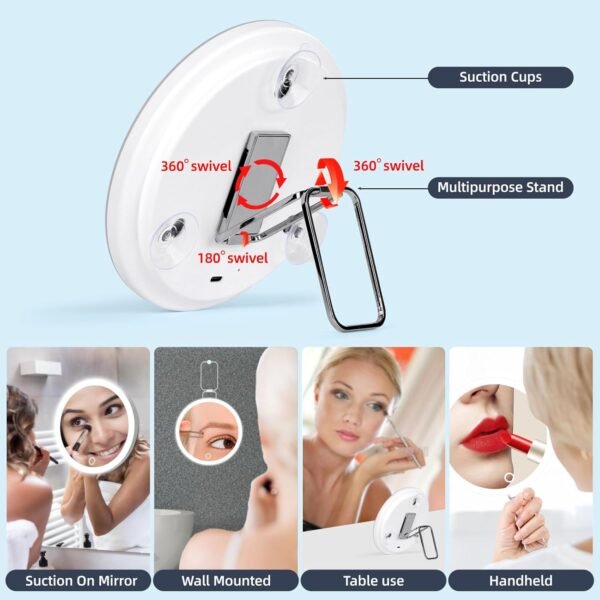 10X Magnifying Mirror with Lights, 6inch Makeup Magnifying Mirror 10X Lighted Handheld Magnification Mirror with Stand & Suction Cups, Large Travel Magnified Mirror Portable 10X LED Magnifying Mirror - Image 2