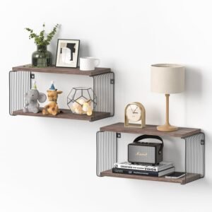 Adowes Floating Nightstand 2 Pack Metal Geometric Modern 2 Tier Nightstand for Wall Minimalist Floating Bedside Tables Bedroom Side Table Bedside Shelf Small Night Stand Weathered Walnut