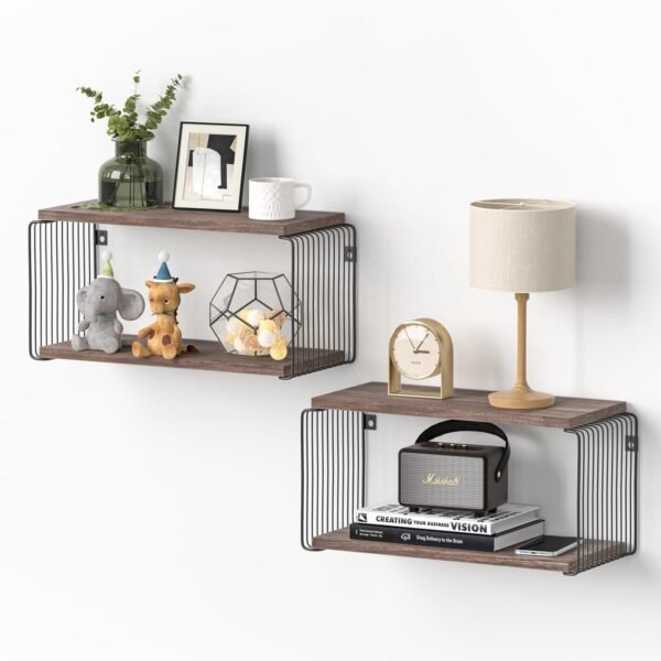 Adowes Floating Nightstand 2 Pack Metal Geometric Modern 2 Tier Nightstand for Wall Minimalist Floating Bedside Tables Bedroom Side Table Bedside Shelf Small Night Stand Weathered Walnut