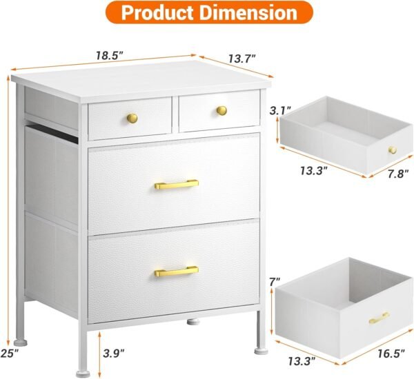 Nightstand, Small Dresser, Bedside Furniture, White Night Stand End Table with 4 Fabric Drawers for Bedroom, Leather Finish & Wood Top, White - Image 3