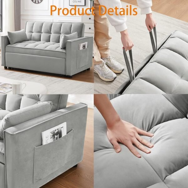 Sleeper Sofa Bed,3 in 1 Convertible Futon Sofa Couch Pull Out Bed,Love Seat Lounge Sofa with Reclining Backrest,Furniture Sleeper Chair for Living Room (Grey) - Image 7