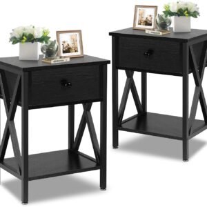 VECELO Night Stands for Bedroom Rustic Nightstand Bedside End Tables with Drawer Storage, (Set of 2), Classic Black