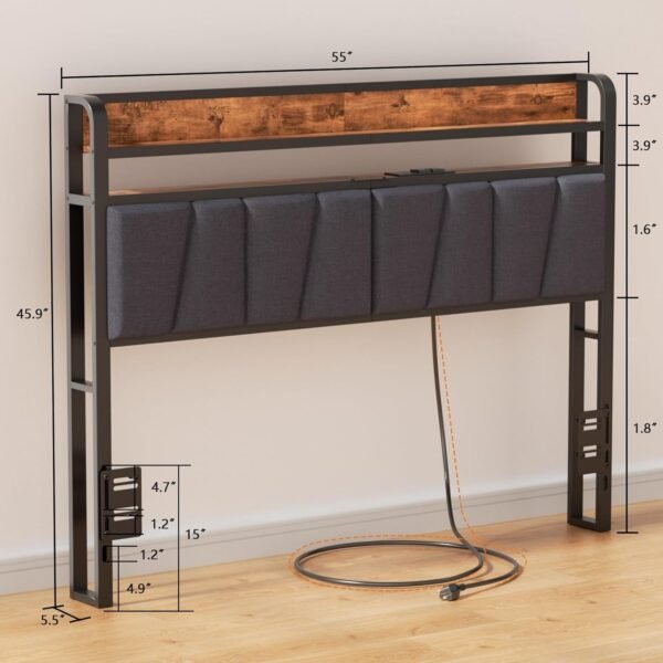 Furnulem Full Size Headboard Storage 2 Tier Headboard with USB Ports for Dorm LED Light College Headboard Shelf Height Adjustable Modern Style Headboard with Charging Station Black - Image 3