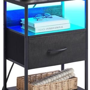 Somdot Black Nightstand with Charging Station and LED Light for Bedroom, Bedside Table End Table for Dorm Living Room Bedside Nursery Laundry Closet Entryway Hallway, Black