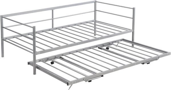 Twin Size Daybed with Foldable Adjustable Trundle,Multi-Function Wooden Bed Frame,w/Solid Metal Slats Provide Stable Support,for Dorm,Apartment,Studio,Office,Silver - Image 6