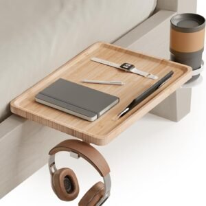 VASAGLE Bedside Shelf for Top Bunk, College Dorm Room Essentials Clip On Nightstand Bedside Storage with Phone Slot, Cup Holder, Hook, Clamps, Dormitory, Loft Accessories, Natural Beige ULET301N03