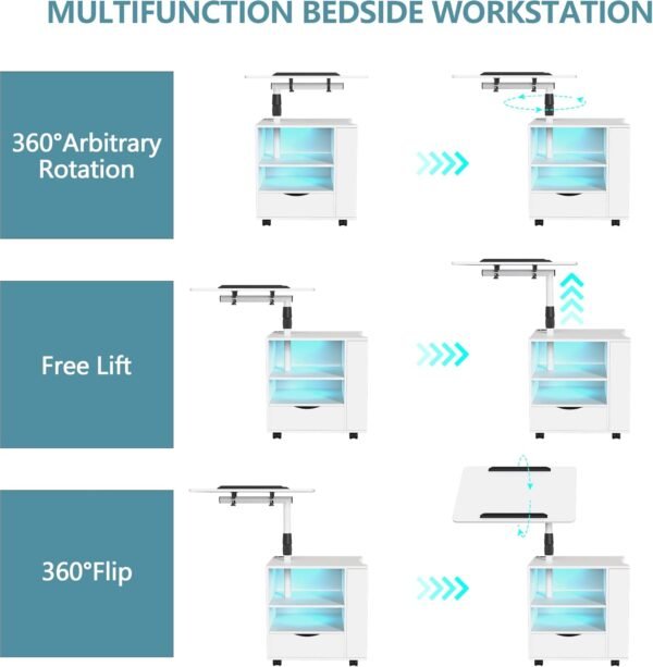 dnbss LED Nightstand with Charging Station, 360° Swivel Bedside Table with Wheels and Drawer, Smart Night Stand with Laptop Table for Bedroom, Modern End Side Table (White) - Image 4