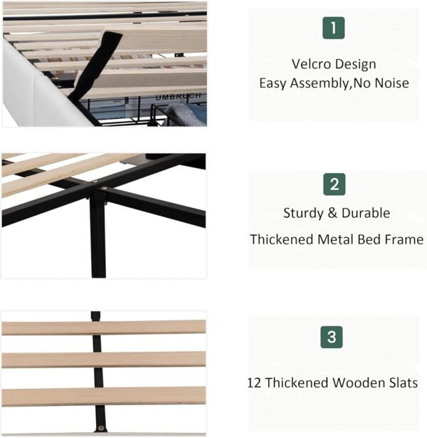 Bed Frame with USB Ports, Upholstered Platform Bed with Drawers, Noise-Free, No Box Spring Needed, Easy Assembly (White,Full, Type A) - Image 5