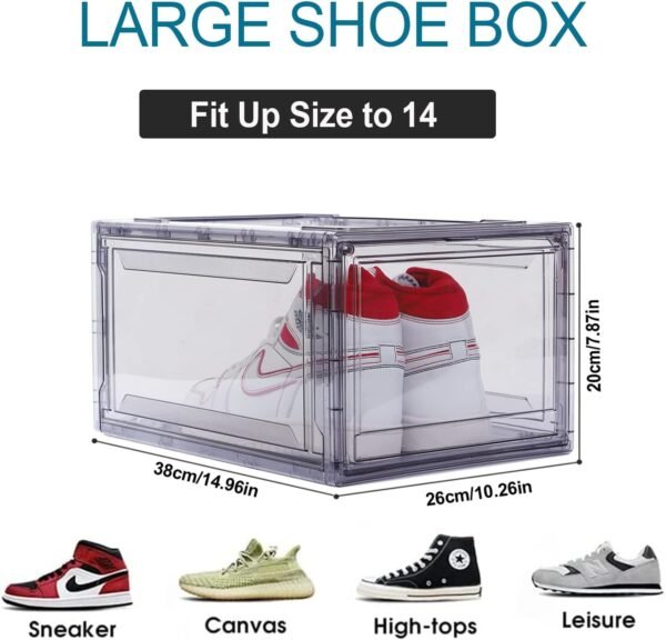 12 Pack Shoe Boxes, Clear Acrylic Plastic Shoe Boxes Stackable, Space-Saving Foldable Drop Front Shoe Storage Boxes Container for With Lids Fits Up to Size 15 (Black) - Image 2