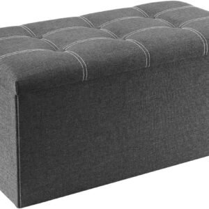 30 inches Folding Storage Ottoman, 80L Ottoman Bench Footrest Stool, Linen Fabric Grey Storage Chest Padded Seat for Bedroom and Living Room, Support 350lbs