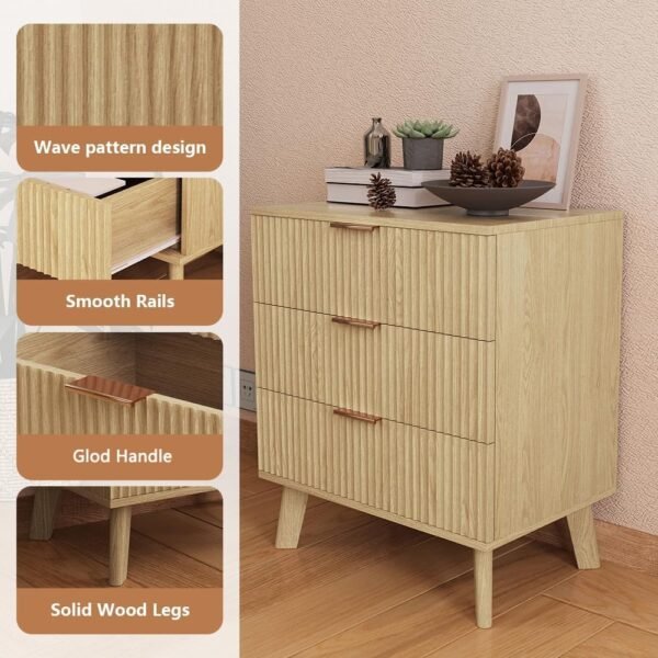 Mid-Century 3 Drawers Bedside Table Cabinet, Modern Nightstand with 3 Drawer and Solid Wood Legs, Contemporary 3-Drawer Nightstand, Mid Century Nightstand with 3 Storage Drawer for Bedroom (Natural) - Image 5