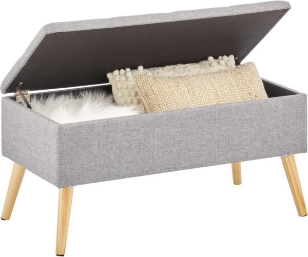mDesign Rectangle Storage Bench Foot Rest Chair - Long Tufted Furniture Organizer and Seat with Wood Legs and Hinged Lid for Dorm, Living Room, Office, Closet, Vanity, Bedroom, or Table - Gray - Image 5
