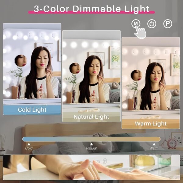 Redlife Vanity Mirror with Lights, Hollywood Mirror with Lights and Magnification for Bedroom, 3 Colors Modes, Touch Control, White (15 LED Dimmable Bulbs) - Image 3