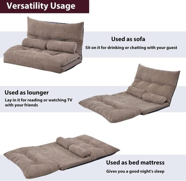 Harper & Bright Designs Adjustable Floor Sofa Couch with 2 Pillows, Foldable Lazy Sofa Sleeper Bed for Reading Gaming Sleeping(Light Brown) - Image 6