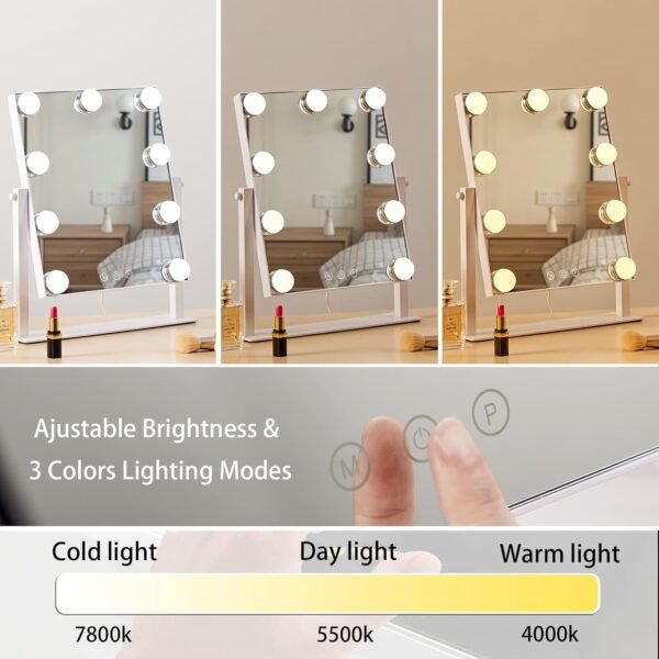 HIEEY Hollywood Vanity Mirror with 9 Dimmable Bulbs Lights, Three Color Lighting Modes, and 5X Magnification, Smart Touch Control, 360°Rotation (White,Gift Box) - Image 2