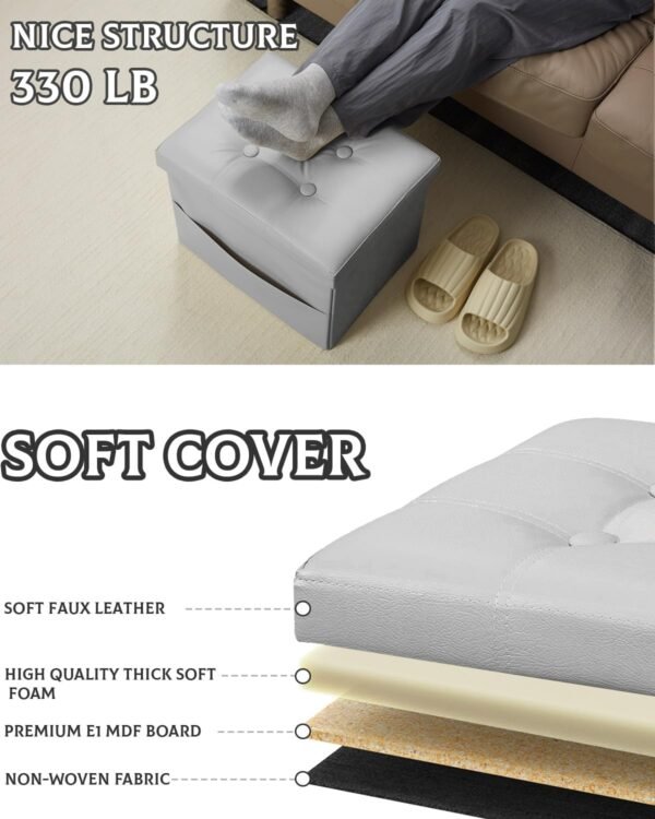 Storage Ottoman,Folding Foot Stools with Side Pocket Footstool Ottoman with Storage for Dorm,Living Room,Bedroom(17X13X13 inches Grey) - Image 5