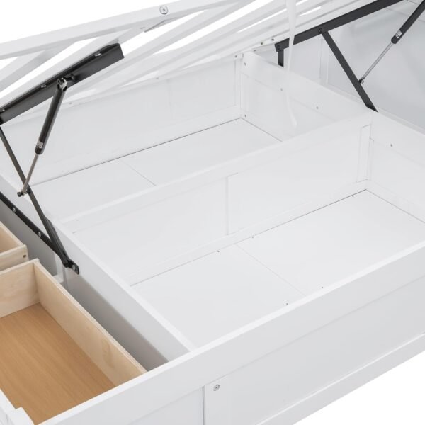 Full Size Platform Bed with Storage Shelves Headboard, Hydraulic Storage Cabinets and 2 Drawers Underneath, Wood Lift Up Bed Frame with LED Light and Charging Station, White - Image 6