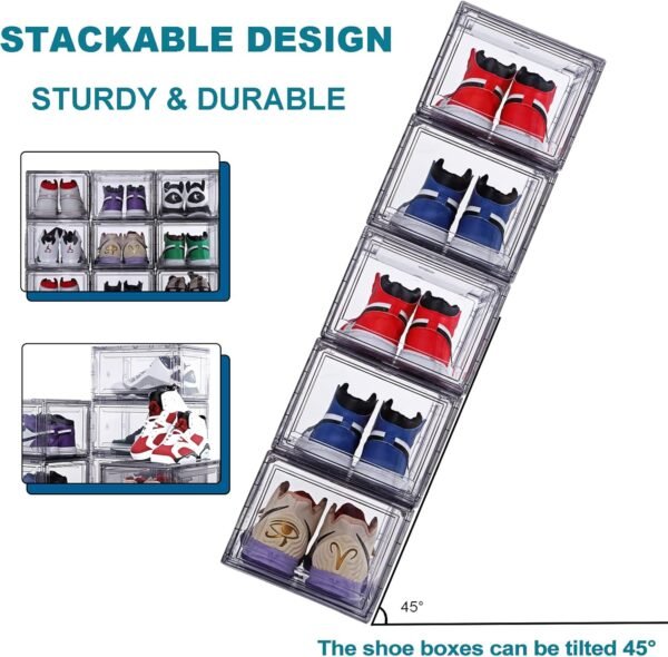 12 Pack Shoe Boxes, Clear Acrylic Plastic Shoe Boxes Stackable, Space-Saving Foldable Drop Front Shoe Storage Boxes Container for With Lids Fits Up to Size 15 (Black) - Image 3