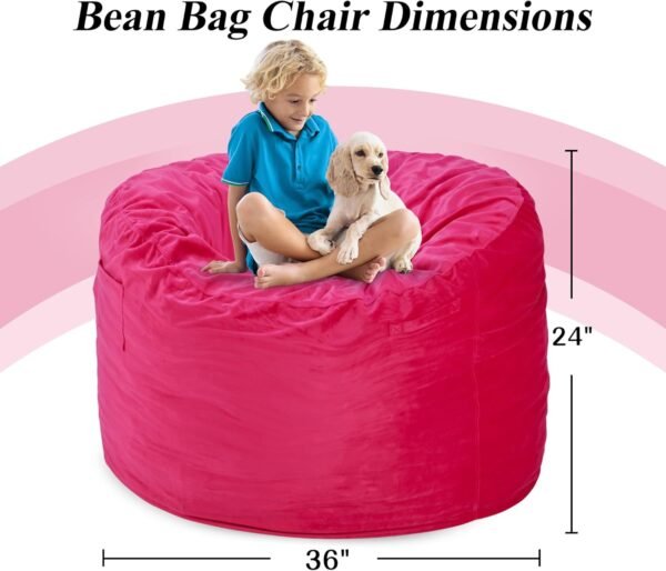 3FT Bean Bag Chairs for Adults with Filling,Big BeanBag Chair with Pocket&Handle,Memory Foam Bean Bags with Velvet Cover for Living Room Bedroom (Pink) - Image 2
