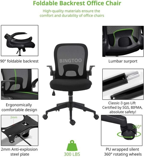 Armless Home Office Desk Chairs,Ergonomic Office Chairs with Lumbar Support,Folding Mesh Backrest Adjustable Swivel Rolling Task Criss Cross Chair,Computer Vanity Gamer Reading Chairs -b (Black-2) - Image 4