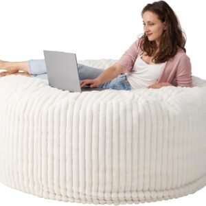 Bean Bag Chairs, 5′ Memory Foam BeanBag Chair with Filling for Adults, Soft Round Lazy Sofa with Faux Rabbit Fur Cover for Living Room Bedroom College Dorm (White, 5FT)