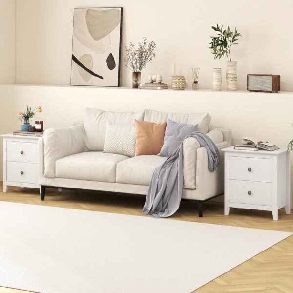 Giantex White Nightstand, Modern 2 Drawers Night Stand with Handles, Sofa Side Table with Sturdy Legs for Small Spaces, College Dorm, Kids’ Room, Wooden Bedside Table for Bedroom, White (1) - Image 8