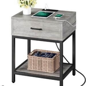 GAOMON Nightstand with Charging Station Type-C&USB Ports and Outlets, Modern Bedside Tables for Large Spaces, End Table with Storage Shelf for Bedroom Living Room College Dorm (Grey)