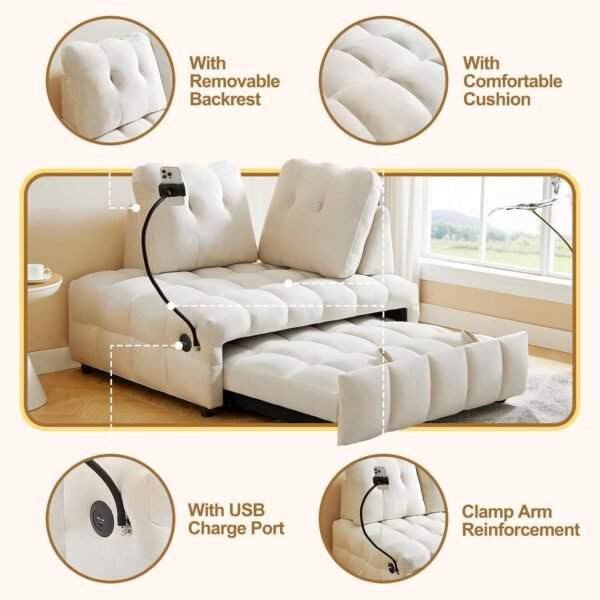 48" Pull Out Sofa Bed, Modern Convertible Sofa Bed Couch with Removale Back, Velvet Cloud Sofa with USB Port and Swivel Phone Stand, Suitable for Living Room, Apartment, Small Place - Beige - Image 4