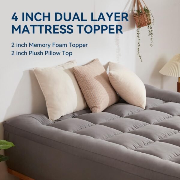 BDEUS Dual Layer 4 Inch Memory Foam Mattress Topper Twin Size, 2 Inch Gel Memory Foam Plus 2 Inch Down Alternative Quilted Pillow Top Mattress Pad Cover,Black - Image 2