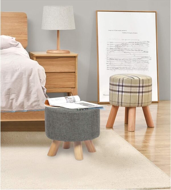 Modern Round Ottoman Foot Rest Stool/Seat Pouf Ottoman with Linen Fabric and Non-Skid Wooden Legs (Grey) - Image 9
