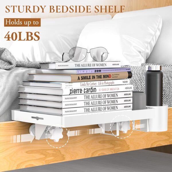 Bedside Shelf for Bunk Bed, College Dorm Room Essentials with Removable Handing Cup & Cable Catch, White Clip on Floating Nightstand for Top Bunk Loft Bed Accessories, Bedside Table Tray for Students - Image 5