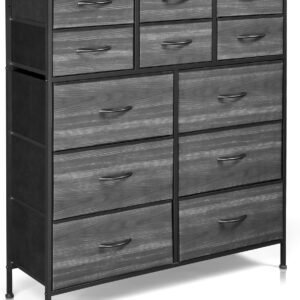Fabric Dresser, Storage Drawer Unit, Bedroom Dresser TV Stand for 32 40 43 inch TV, Wide Dresser with 12 Large Deep Drawers for Office, College Dorm, Dark Grey