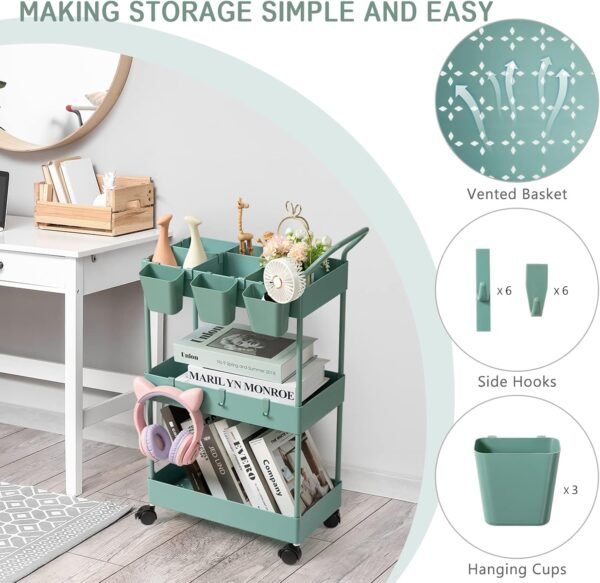 danpinera Storage Cart on Wheels, 3 Tier Bathroom Cart Organizer Slim Laundry Cart Narrow Shelf Cart with Wheels Dividers Hanging Cups Hooks Handle Easy Assembly, Green - Image 2