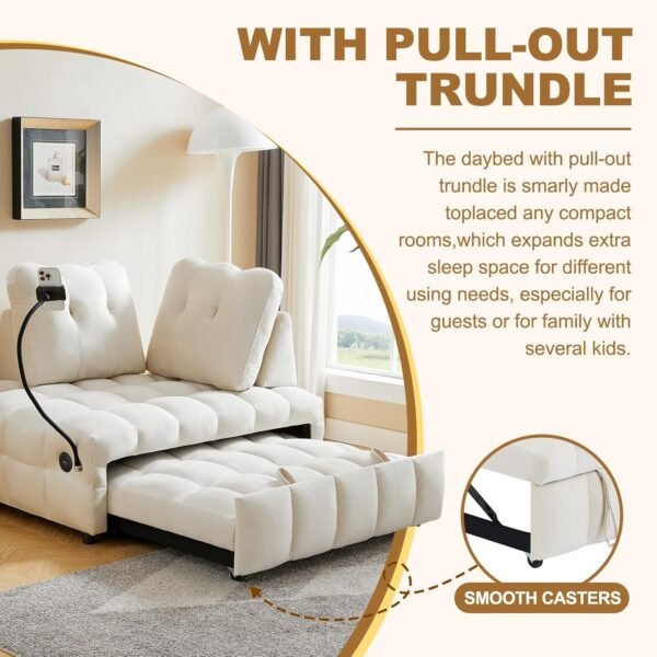 48" Pull Out Sofa Bed, Modern Convertible Sofa Bed Couch with Removale Back, Velvet Cloud Sofa with USB Port and Swivel Phone Stand, Suitable for Living Room, Apartment, Small Place - Beige - Image 7