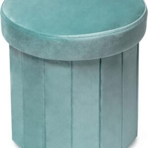 Phantoscope Storage Ottoman Round15 Inch, Velvet Folding Storage Boxes Footrest Foot Ottoman Toy Box, Padded Seat for Dorm Living Room Bedroom, Support 220lbs Light Green