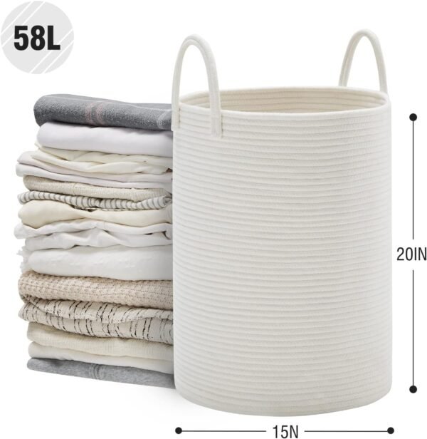 White Woven Rope Laundry Basket by TECHMILLY, 58L Baby Nursery Hamper for Clothes Blanket Storage, Large Tall Laundry Hamper for College Dorm, Bedroom, Living Room - Image 6