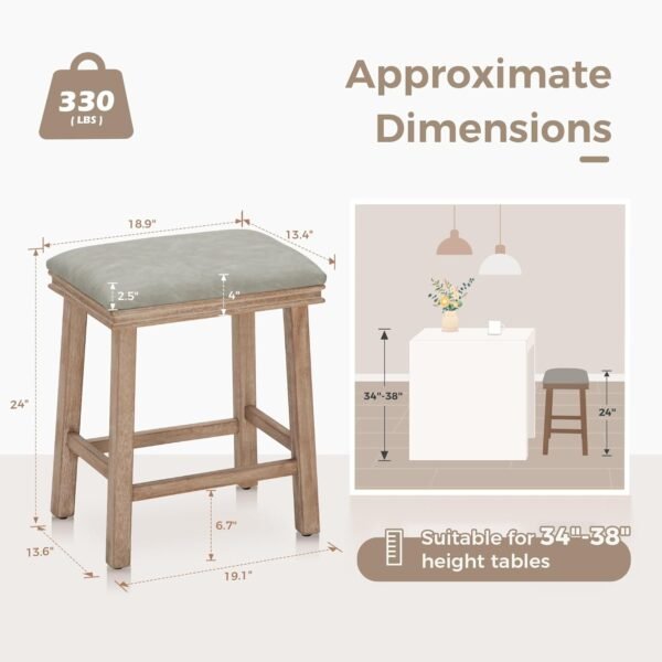 MAISON ARTS Counter Height 24 inch Bar Stools Set of 4 for Kitchen Counter Solid Wood Legs with Faux Leather Padded Seat Farmhouse Barstools for 34"-38" Counter Island Upholstered Stools, Grey + Wood - Image 2