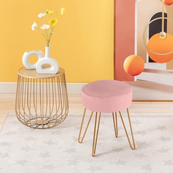 DUHOME Velvet Ottoman, Makeup Vanity Stool, Contemporary Stool, Mongolian Round Metal Stool, Vanity Stool, Furry Ottoman Stool, Modern Accent Stools, Pink - Image 6
