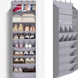 FENTEC 1 Pack Over The Door Shoe Organizer,68″ Exlarge Deep Pockets Hanging Shoe Organizers, 8 Shelves Shoe Rack for Closet, Shoe Holder for Boots,Over Door Organizer in Home, RV, Dorm, Grey
