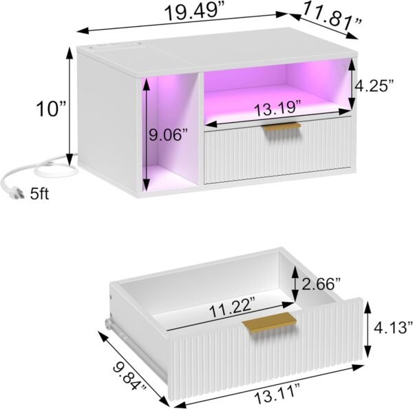 White Floating Nightstand with Charging Station and LED Lights,White - Image 3