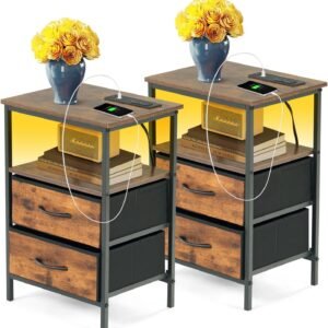 Nightstand, Bedside Furniture with LED and Charging Station, 2 Drawers Dresser for Bedroom, Night Stand, End Table with Open Shelf for Bedroom, Closet, Entryway, College Dorm, Set of 2, Rustic Brown