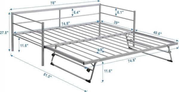 Twin Size Daybed with Foldable Adjustable Trundle,Multi-Function Wooden Bed Frame,w/Solid Metal Slats Provide Stable Support,for Dorm,Apartment,Studio,Office,Silver - Image 3