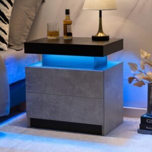 Generic Nightstand LED Bedside Table LED Cabinet LED Lights Modern End Side Table with 2 Drawers for Bedroom (Grey), 13D x 19W x 20H in (JCF02)