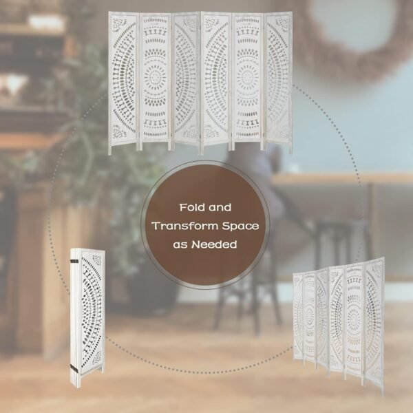 Babion 6 Panel Room Divider, Folding Portable Partition Screen, Carved Wood Folding Room Divider, Modern Bedroom Decoration, 5.6ft Folding Screen-Milky White - Image 5