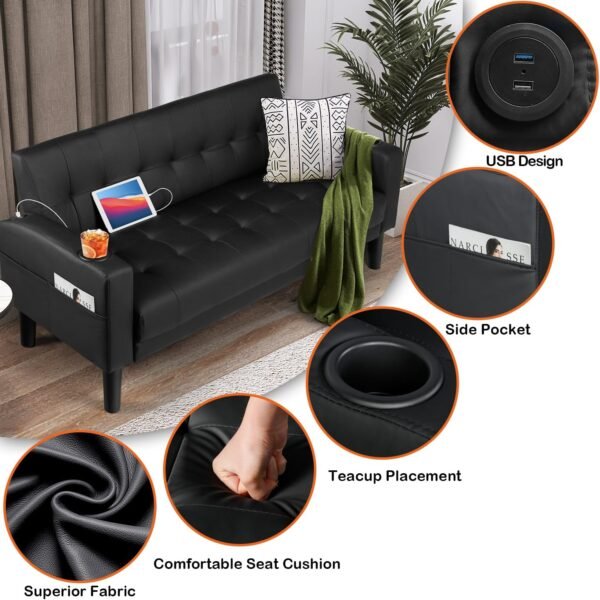 AILEEKISS 62" Loveseat Couches Upholstered Leather Love Seat Sofas Couch with 2 USB, Cup Holders, Side Pocket, Mid-Century Modern Tufted Sofa for Living Room,Office,Bedroom,Apartment (Black, 2-Seat) - Image 7